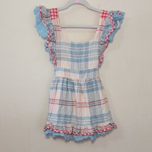 Makena Lane Plaid Ruffled Pinafore in Blue, White & Red Linen-Blend Girls Size 7